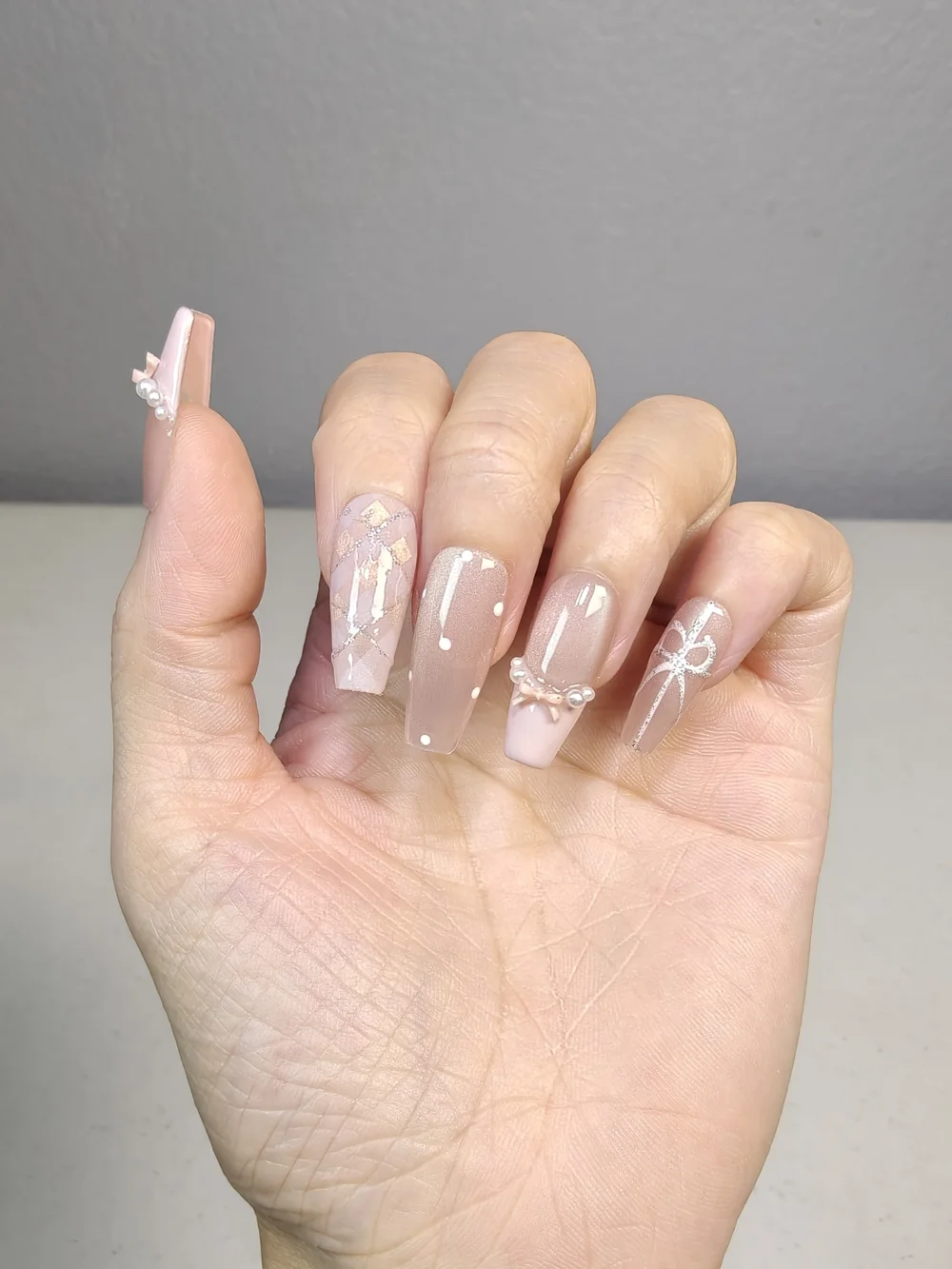 Nude‑Pink Long Coffin Press On Nails With Pink Bows Pearls & Polka Dot